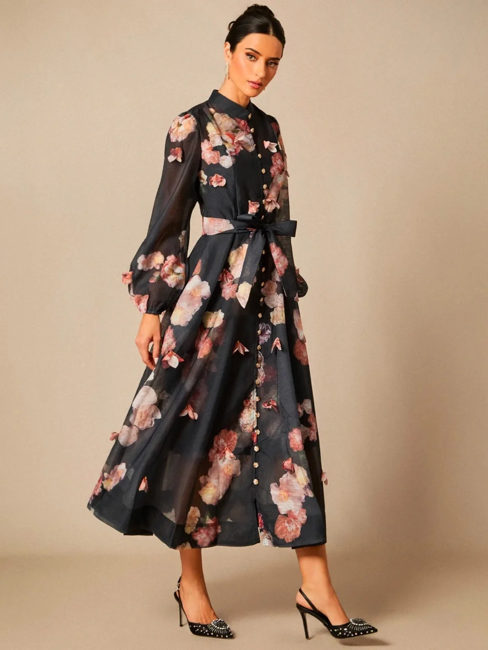 Sunfere Black Sophie 3D Floral Print Long Sleeve Midi Dress - NO BELT - Picture 3 of 11